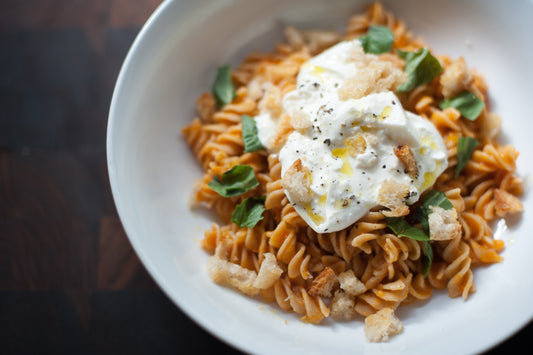 Sonora Wheat Fusilli with Heirloom Tomato Sauce, Burrata and Basil