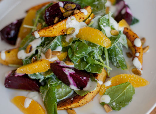 Bright & Flavorful Beet, Squash & Citrus Salad With Lime Yogurt and Roasted Pistachios