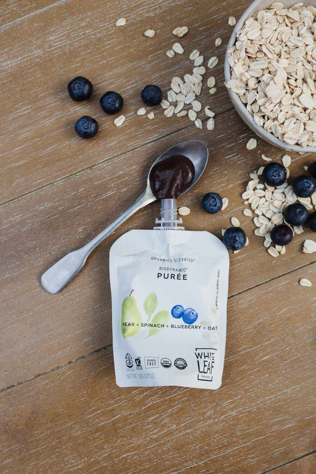 Organic Regeneratively Farmed Pear + Spinach + Blueberry + Oat Baby Food Pouch  | White Leaf Provisions