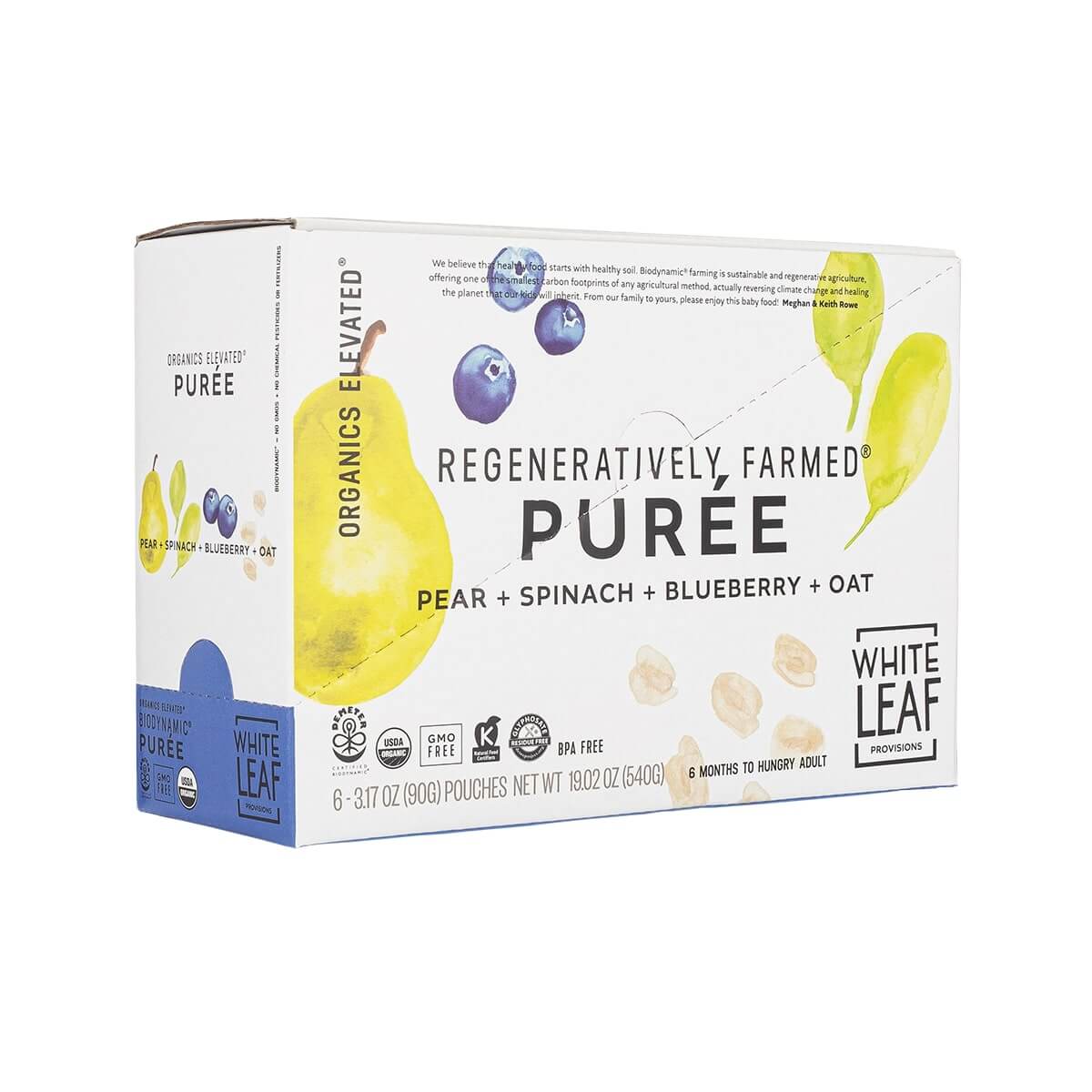 Box of Organic Regeneratively Farmed Pear + Spinach + Blueberry Baby Food Pouches | White Leaf Provisions